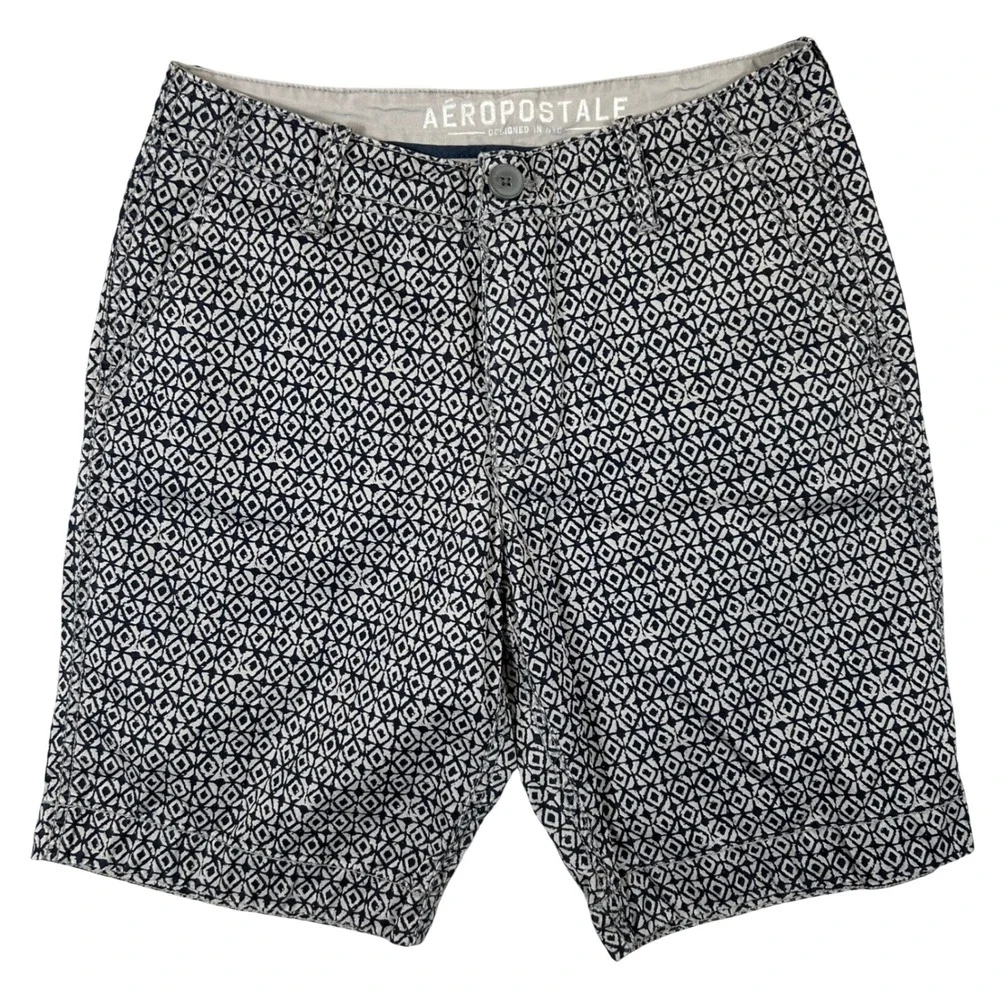 Aeropostale Mens Navy Blue White Geometric‎ Diamond Print Chino Shorts Size 28